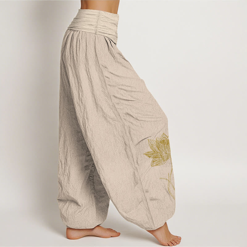 Buddha Stones Pantalon harem pour femme en pur coton, élégant, à motif de fleur de lotus et taille élastique - image 13