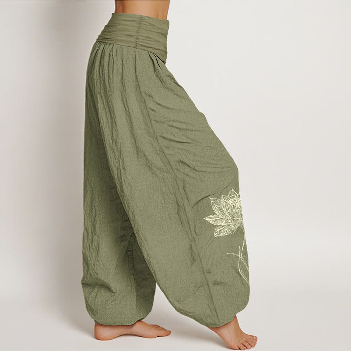 Buddha Stones Pantalon harem pour femme en pur coton, élégant, à motif de fleur de lotus et taille élastique - image 16