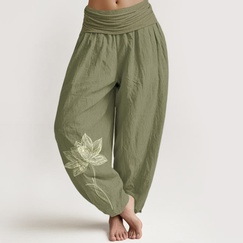 Buddha Stones Pantalon harem pour femme en pur coton, élégant, à motif de fleur de lotus et taille élastique - Vert olive - US16，UK/AU20，EU48 (3XL) - image 14