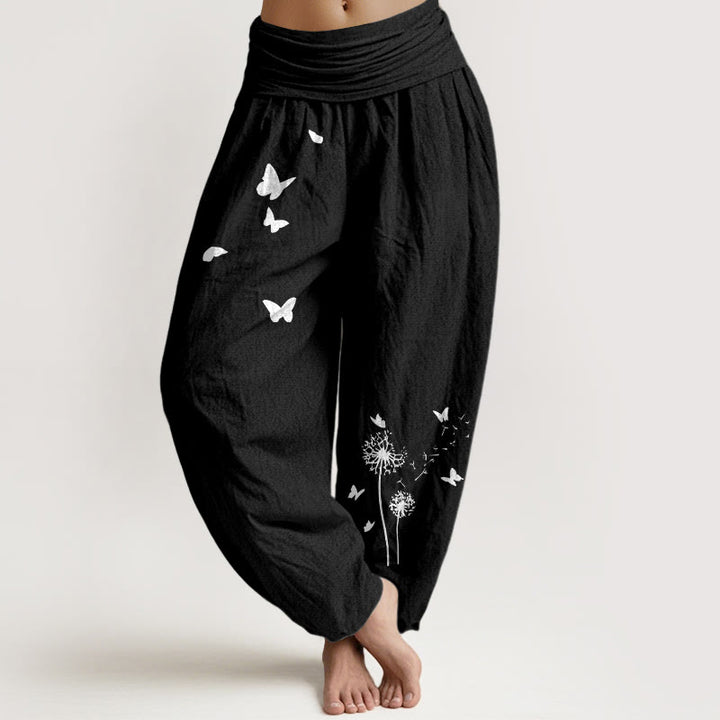 Buddha Stones Pantalon harem pour femme en pur coton, élégant, à motif papillon et pissenlit et taille élastique. - Noir - US16，UK/AU20，EU48 (3XL) - image 0
