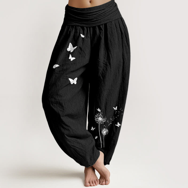 Buddha Stones Pantalon harem pour femme en pur coton, élégant, à motif papillon et pissenlit et taille élastique. - Noir - US16，UK/AU20，EU48 (3XL) - image 0