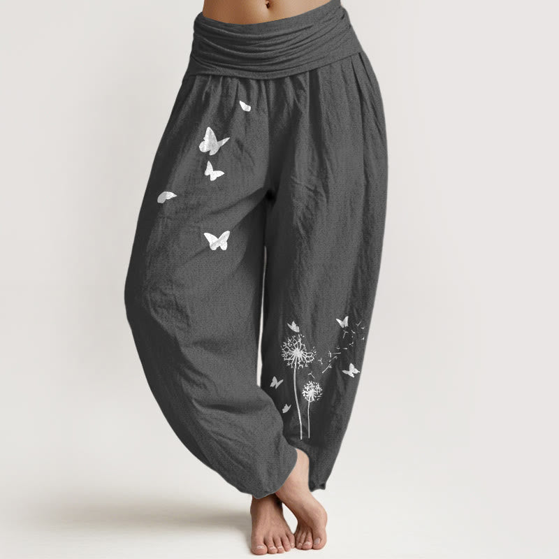 Buddha Stones Pantalon harem pour femme en pur coton, élégant, à motif papillon et pissenlit et taille élastique. - Gris sombre - US16，UK/AU20，EU48 (3XL) - image 8