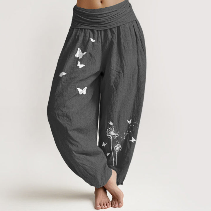 Buddha Stones Pantalon harem pour femme en pur coton, élégant, à motif papillon et pissenlit et taille élastique. - Gris sombre - US16，UK/AU20，EU48 (3XL) - image 8