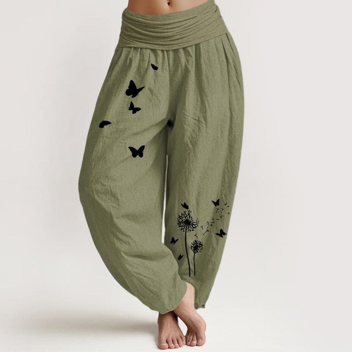 Buddha Stones Pantalon harem pour femme en pur coton, élégant, à motif papillon et pissenlit et taille élastique. - Vert olive - US16，UK/AU20，EU48 (3XL) - image 14