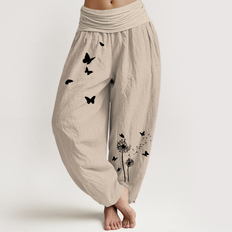 Buddha Stones Pantalon harem pour femme en pur coton, élégant, à motif papillon et pissenlit et taille élastique. - Tanné - US16，UK/AU20，EU48 (3XL) - image 11