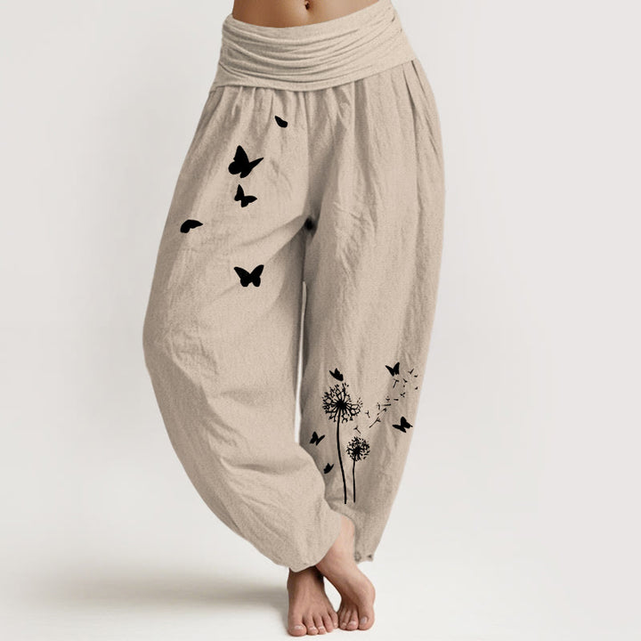 Buddha Stones Pantalon harem pour femme en pur coton, élégant, à motif papillon et pissenlit et taille élastique. - Tanné - US16，UK/AU20，EU48 (3XL) - image 11