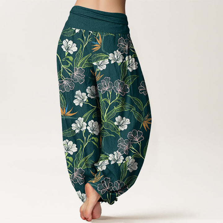 Buddha Stones Pantalon harem pour femme en coton à motif floral et feuilles aux couleurs contrastées, taille élastique - image 1