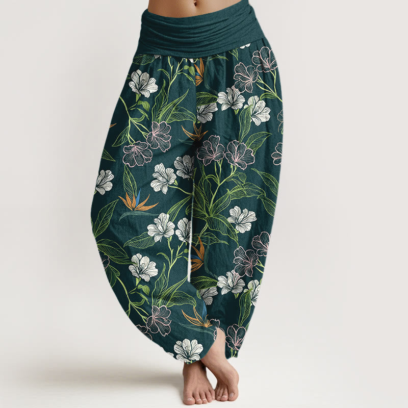 Buddha Stones Pantalon harem pour femme en coton à motif floral et feuilles aux couleurs contrastées, taille élastique - Sarcelle - US16，UK/AU20，EU48 (3XL) - image 0