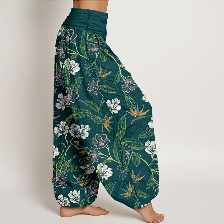 Buddha Stones Pantalon harem pour femme en coton à motif floral et feuilles aux couleurs contrastées, taille élastique - image 2