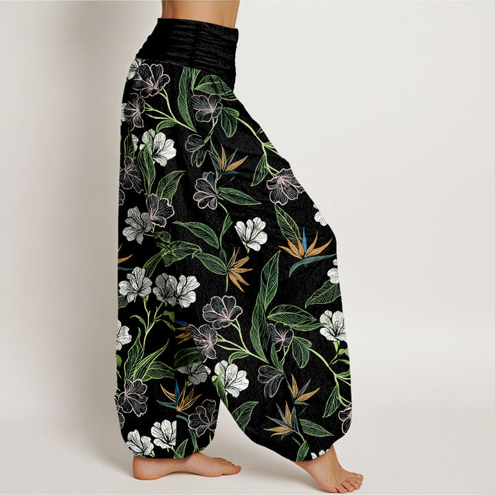 Buddha Stones Pantalon harem pour femme en coton à motif floral et feuilles aux couleurs contrastées, taille élastique - image 7