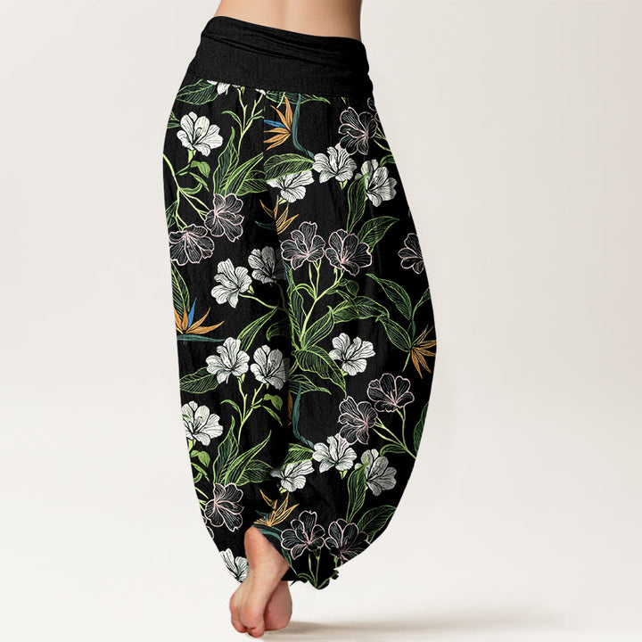 Buddha Stones Pantalon harem pour femme en coton à motif floral et feuilles aux couleurs contrastées, taille élastique - image 6