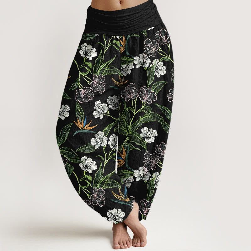 Buddha Stones Pantalon harem pour femme en coton à motif floral et feuilles aux couleurs contrastées, taille élastique - Noir - US16，UK/AU20，EU48 (3XL) - image 5