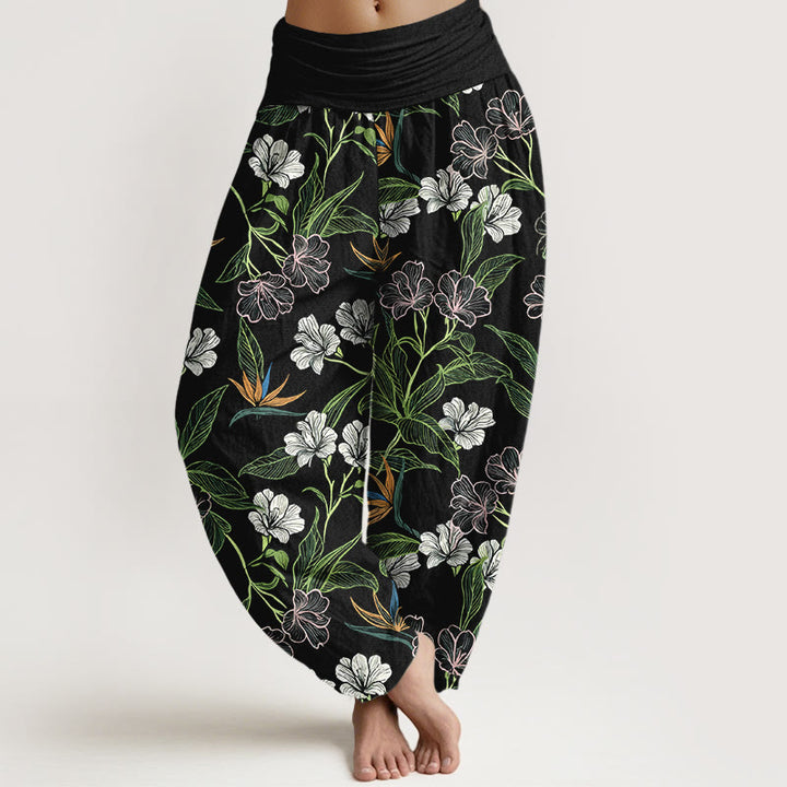 Buddha Stones Pantalon harem pour femme en coton à motif floral et feuilles aux couleurs contrastées, taille élastique - Noir - US16，UK/AU20，EU48 (3XL) - image 5