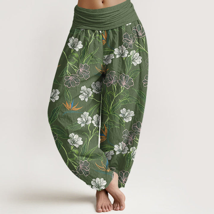 Buddha Stones Pantalon harem pour femme en coton à motif floral et feuilles aux couleurs contrastées, taille élastique - Vert olive - US16，UK/AU20，EU48 (3XL) - image 8