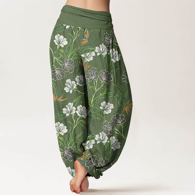 Buddha Stones Pantalon harem pour femme en coton à motif floral et feuilles aux couleurs contrastées, taille élastique - image 9