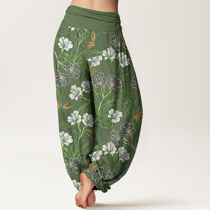 Buddha Stones Pantalon harem pour femme en coton à motif floral et feuilles aux couleurs contrastées, taille élastique - image 9