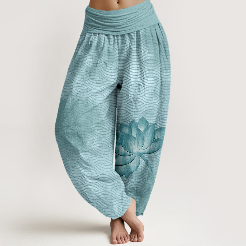 Buddha Stones Pantalon harem pour femme en coton clair à motif de lotus ondulé, taille élastique - Bleu ciel - US16，UK/AU20，EU48 (3XL) - image 0