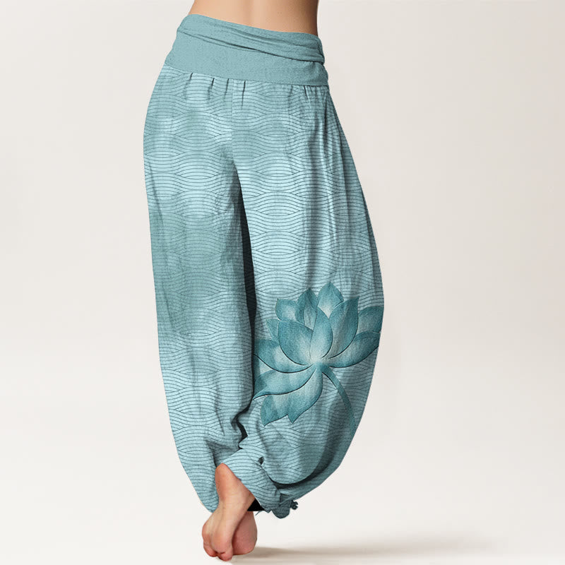 Buddha Stones Pantalon harem pour femme en coton clair à motif de lotus ondulé, taille élastique - image 1