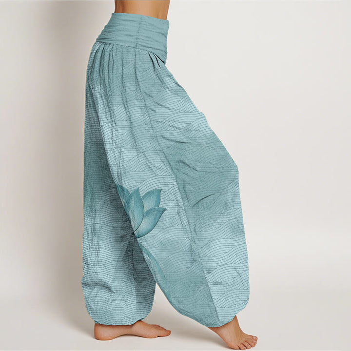 Buddha Stones Pantalon harem pour femme en coton clair à motif de lotus ondulé, taille élastique - image 2