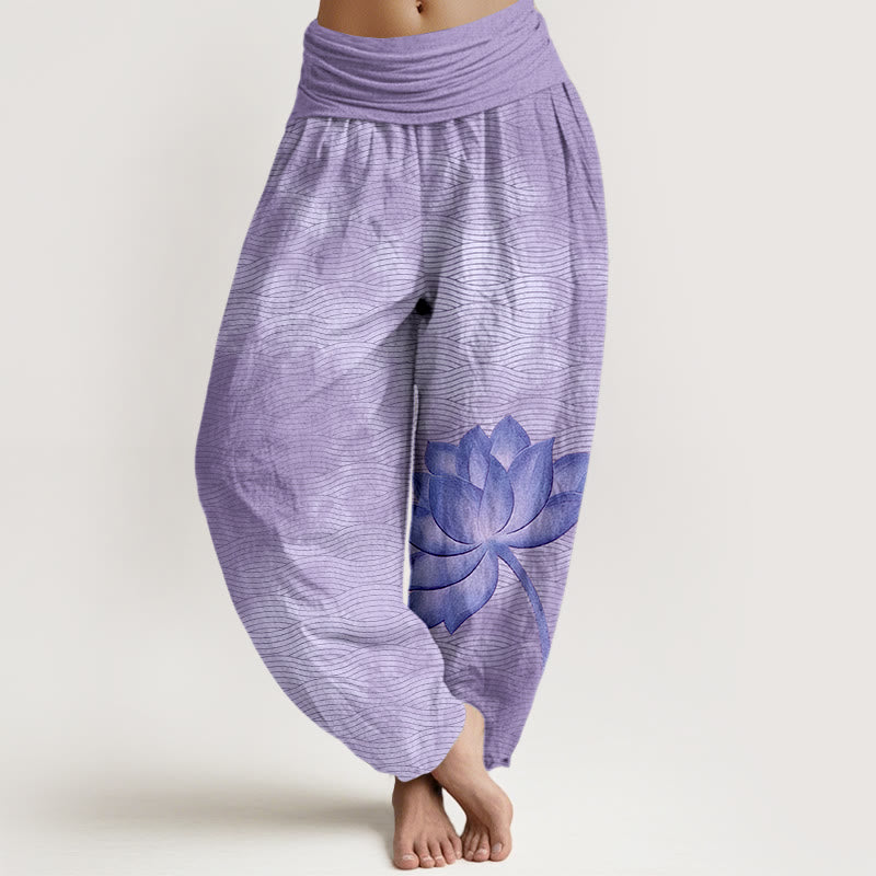 Buddha Stones Pantalon harem pour femme en coton clair à motif de lotus ondulé, taille élastique - Violet moyen - US16，UK/AU20，EU48 (3XL) - image 5
