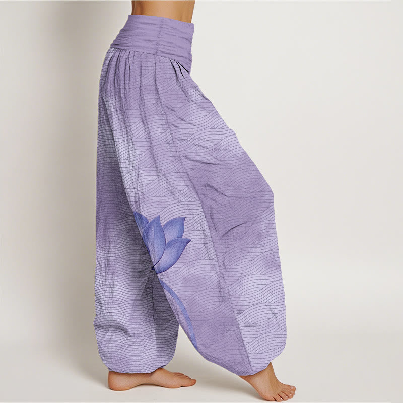 Buddha Stones Pantalon harem pour femme en coton clair à motif de lotus ondulé, taille élastique - image 7