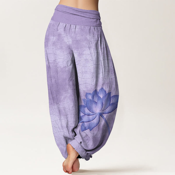 Buddha Stones Pantalon harem pour femme en coton clair à motif de lotus ondulé, taille élastique - image 6