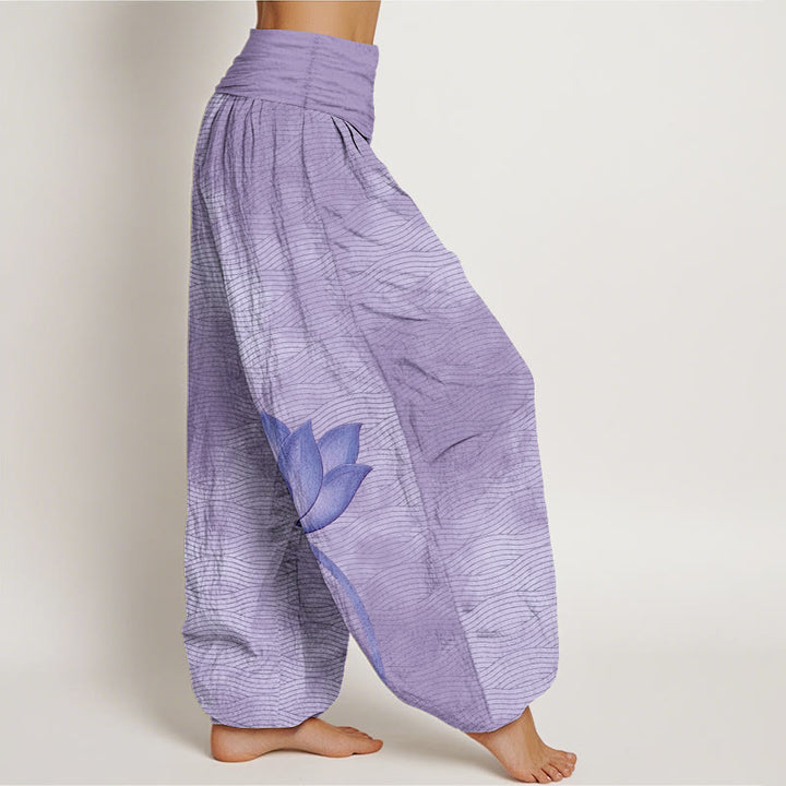 Buddha Stones Pantalon harem pour femme en coton clair à motif de lotus ondulé, taille élastique - image 7
