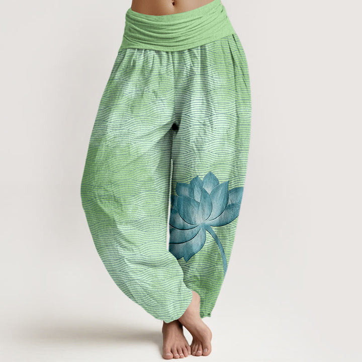 Buddha Stones Pantalon harem pour femme en coton clair à motif de lotus ondulé, taille élastique - Vert clair - US16，UK/AU20，EU48 (3XL) - image 8