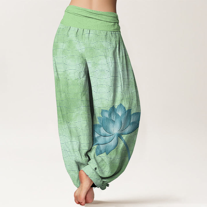 Buddha Stones Pantalon harem pour femme en coton clair à motif de lotus ondulé, taille élastique - image 9