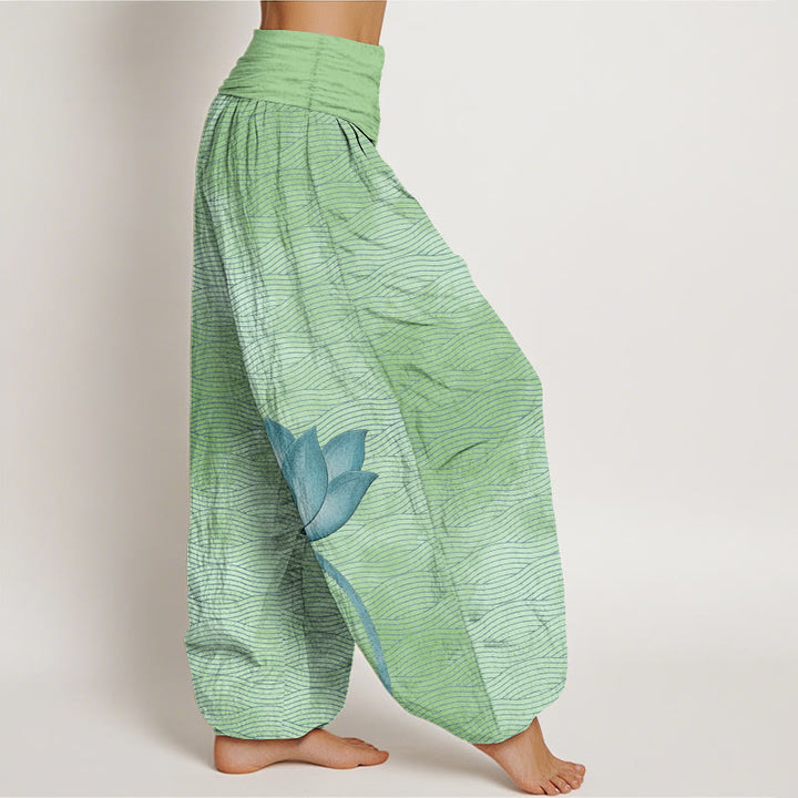 Buddha Stones Pantalon harem pour femme en coton clair à motif de lotus ondulé, taille élastique - image 10