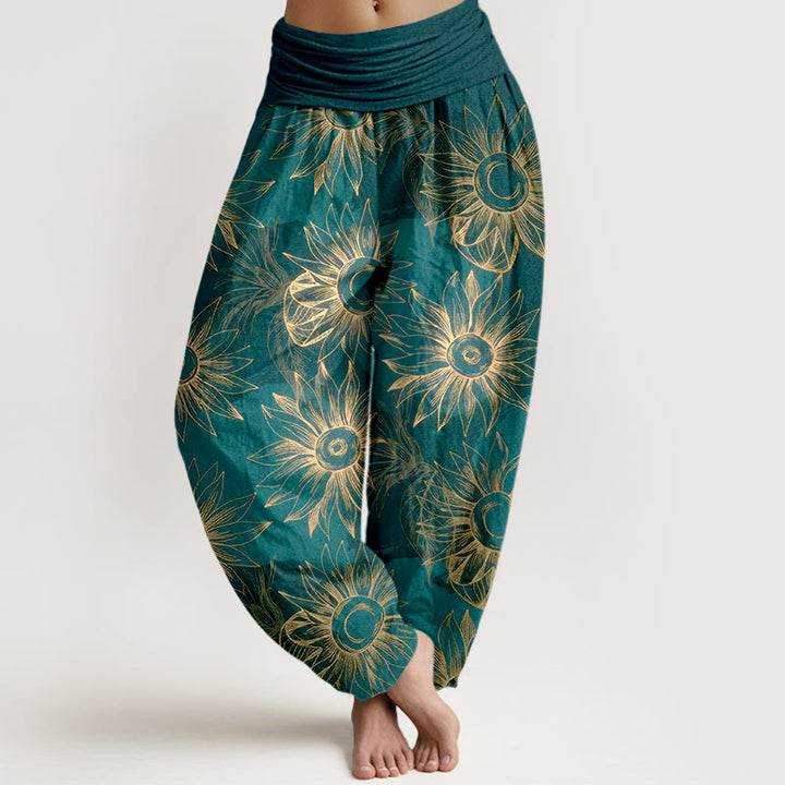 Buddha Stones Pantalon harem à taille élastique pour femme, imprimé floral rétro en coton - DarkCyan - US16，UK/AU20，EU48 (3XL) - image 0