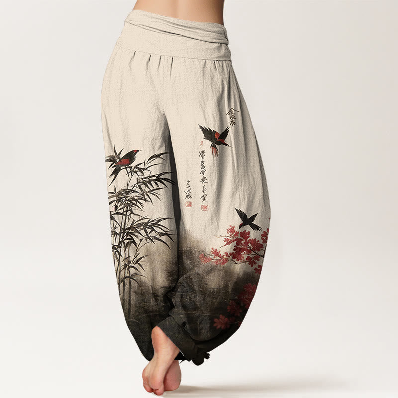 Buddha Stones Pantalon harem pour femme en coton à motif classique bambou, oiseaux et fleurs, taille élastique - image 1