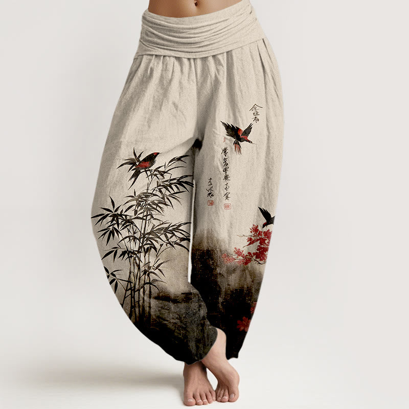 Buddha Stones Pantalon harem pour femme en coton à motif classique bambou, oiseaux et fleurs, taille élastique - Blanc antique - US16，UK/AU20，EU48 (3XL) - image 0