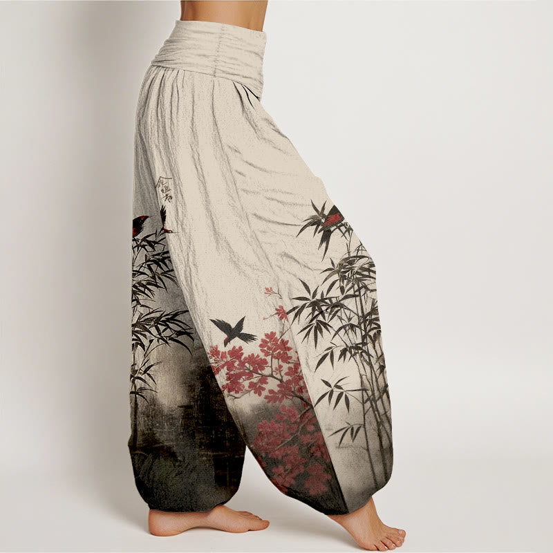 Buddha Stones Pantalon harem pour femme en coton à motif classique bambou, oiseaux et fleurs, taille élastique - image 2