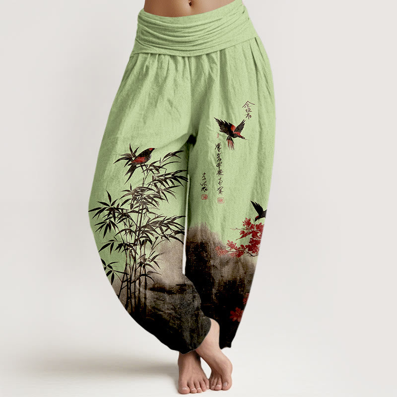 Buddha Stones Pantalon harem pour femme en coton à motif classique bambou, oiseaux et fleurs, taille élastique - Vert clair - US16，UK/AU20，EU48 (3XL) - image 5