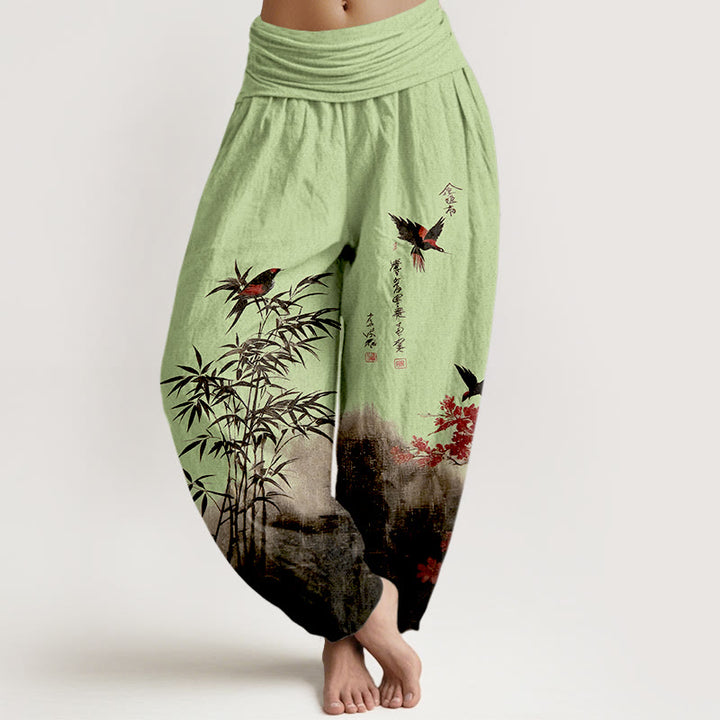 Buddha Stones Pantalon harem pour femme en coton à motif classique bambou, oiseaux et fleurs, taille élastique - Vert clair - US16，UK/AU20，EU48 (3XL) - image 5