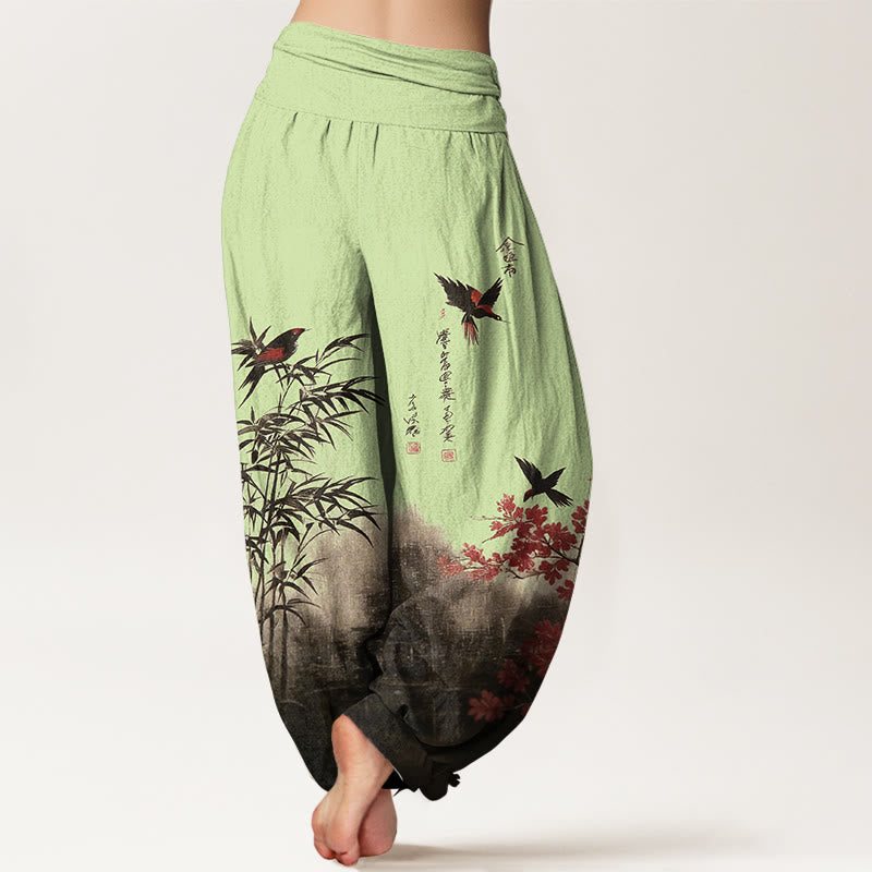 Buddha Stones Pantalon harem pour femme en coton à motif classique bambou, oiseaux et fleurs, taille élastique - image 6