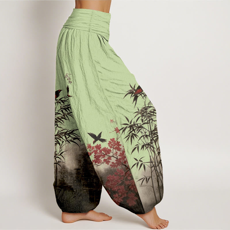 Buddha Stones Pantalon harem pour femme en coton à motif classique bambou, oiseaux et fleurs, taille élastique - image 7