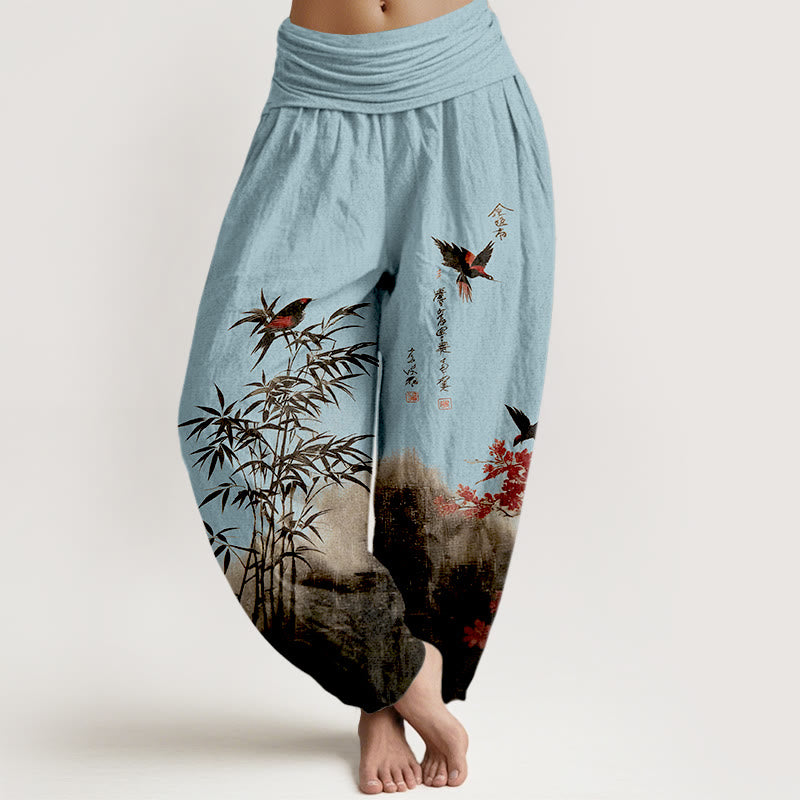 Buddha Stones Pantalon harem pour femme en coton à motif classique bambou, oiseaux et fleurs, taille élastique - Bleu ciel clair - US16，UK/AU20，EU48 (3XL) - image 8