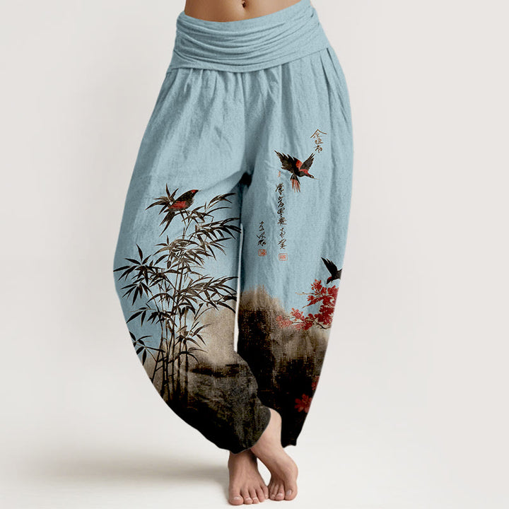 Buddha Stones Pantalon harem pour femme en coton à motif classique bambou, oiseaux et fleurs, taille élastique - Bleu ciel clair - US16，UK/AU20，EU48 (3XL) - image 8