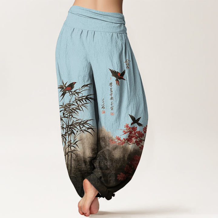Buddha Stones Pantalon harem pour femme en coton à motif classique bambou, oiseaux et fleurs, taille élastique - image 9