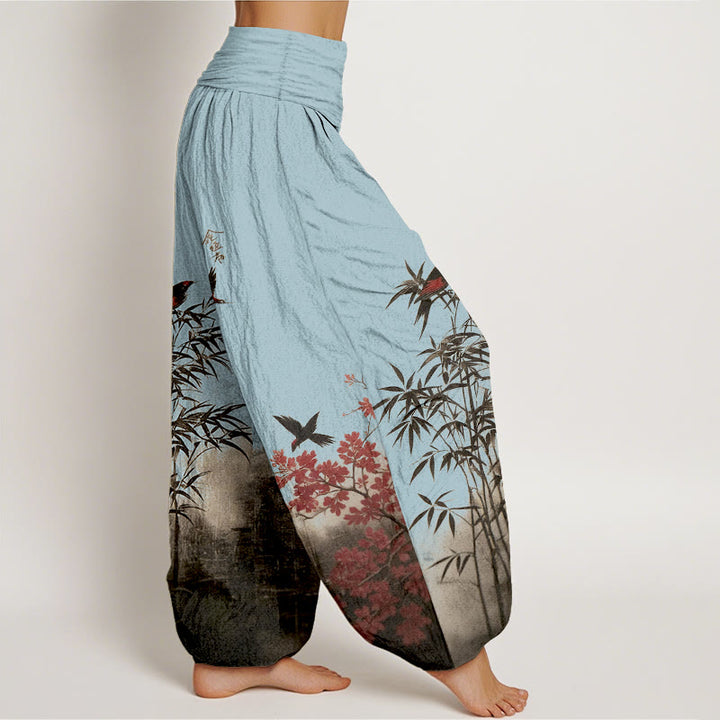Buddha Stones Pantalon harem pour femme en coton à motif classique bambou, oiseaux et fleurs, taille élastique - image 10