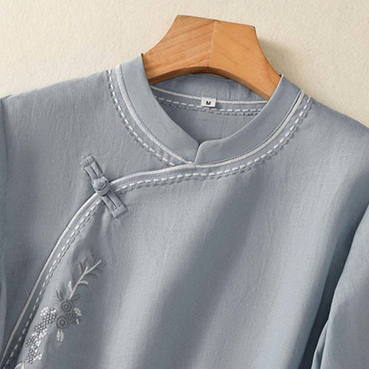 Buddha Stones Chemise d'été unie à col montant, manches courtes et boutons brandebourg pour femme, en coton avec poche - image 3