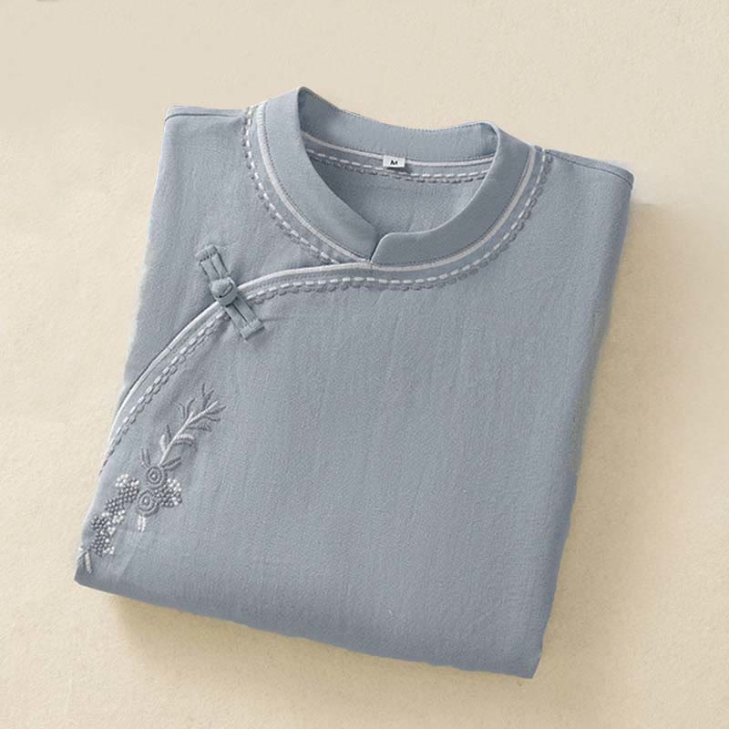 Buddha Stones Chemise d'été unie à col montant, manches courtes et boutons brandebourg pour femme, en coton avec poche - image 1