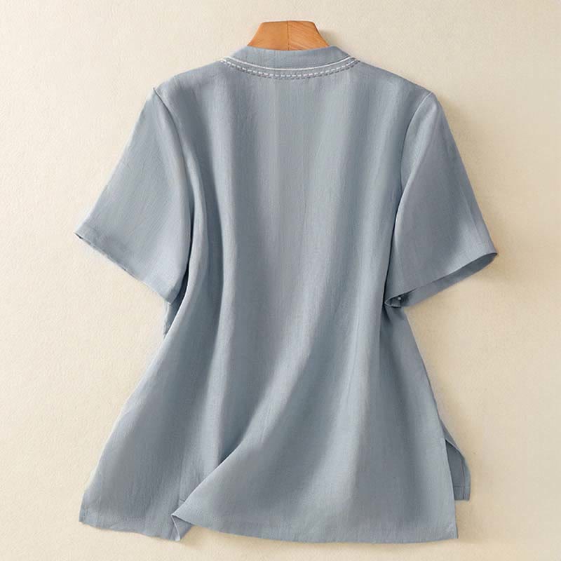 Buddha Stones Chemise d'été unie à col montant, manches courtes et boutons brandebourg pour femme, en coton avec poche - image 2