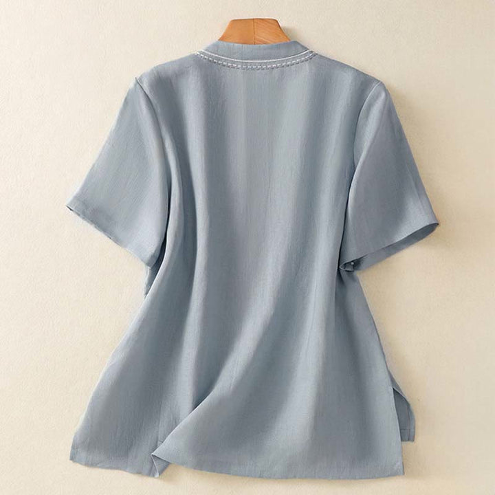 Buddha Stones Chemise d'été unie à col montant, manches courtes et boutons brandebourg pour femme, en coton avec poche - image 2