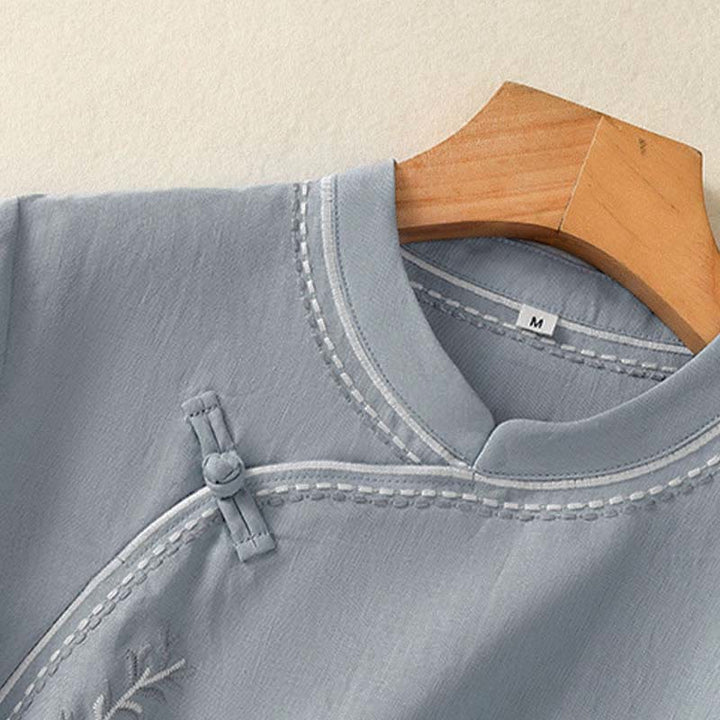 Buddha Stones Chemise d'été unie à col montant, manches courtes et boutons brandebourg pour femme, en coton avec poche - image 4