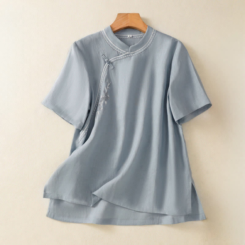 Buddha Stones Chemise d'été unie à col montant, manches courtes et boutons brandebourg pour femme, en coton avec poche - Bleu acier clair - US8-10，UK/AU12-14，EU40-42 (2XL) - image 0