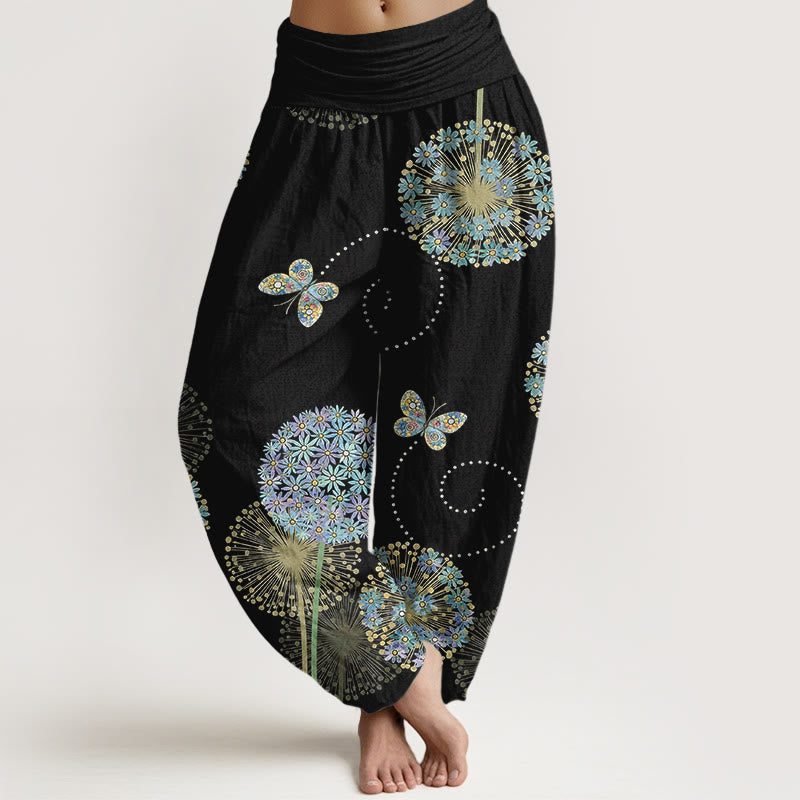 Buddha Stones Pantalon harem à taille élastique pour femme, en coton à motif pissenlit et papillons, style rêveur - Noir - US16，UK/AU20，EU48 (3XL) - image 0