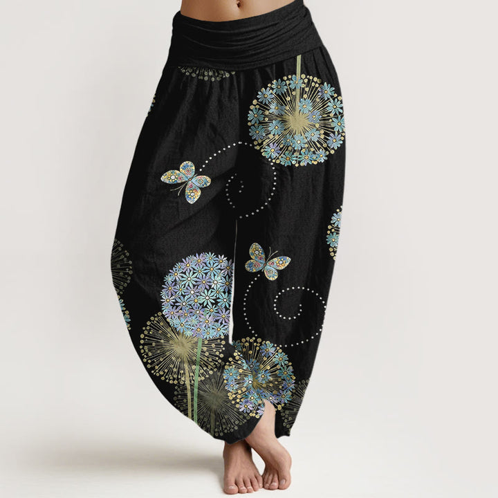 Buddha Stones Pantalon harem à taille élastique pour femme, en coton à motif pissenlit et papillons, style rêveur - Noir - US16，UK/AU20，EU48 (3XL) - image 0